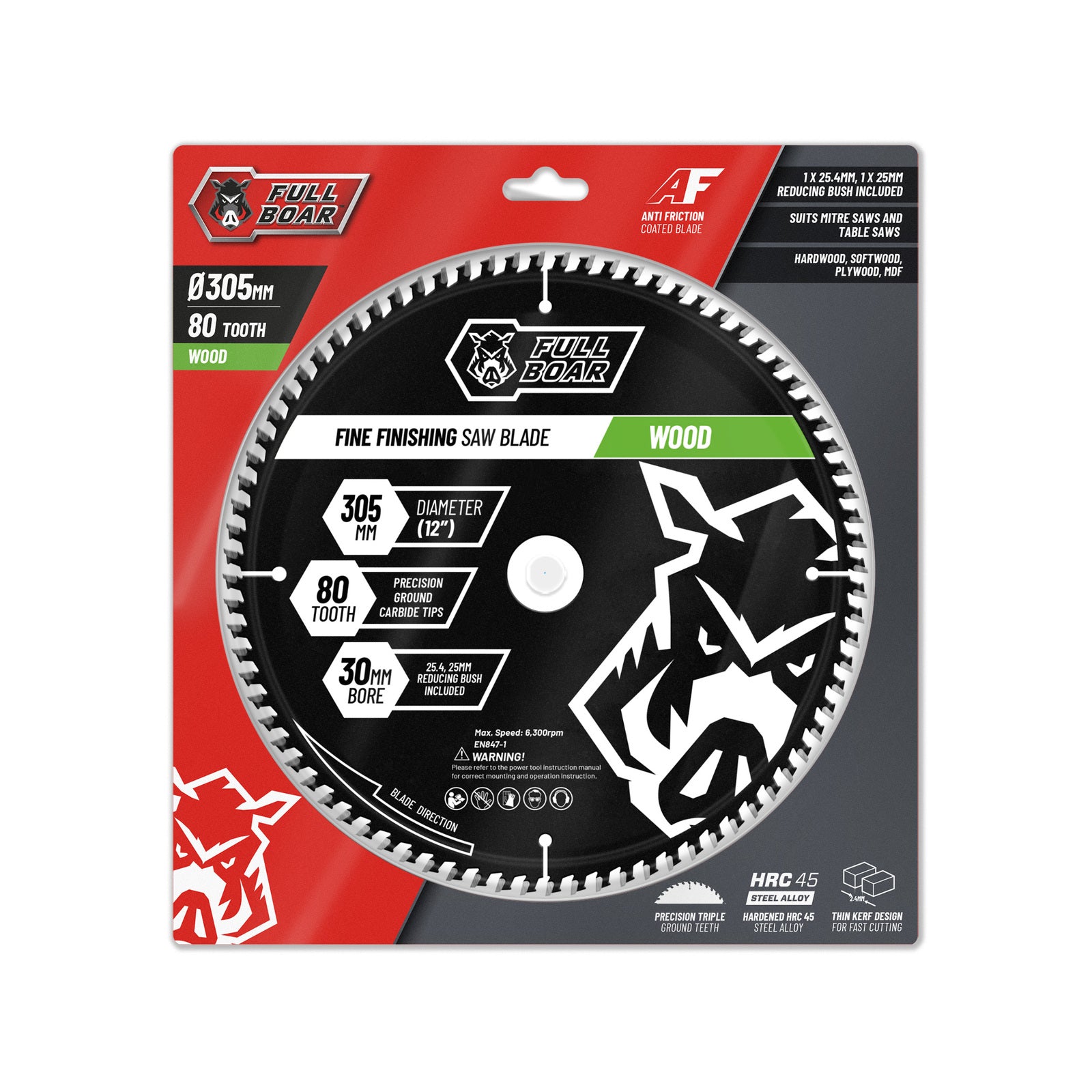 Full Boar 305mm 80T Carbide Mitre Saw Blade, 30mm Bore
