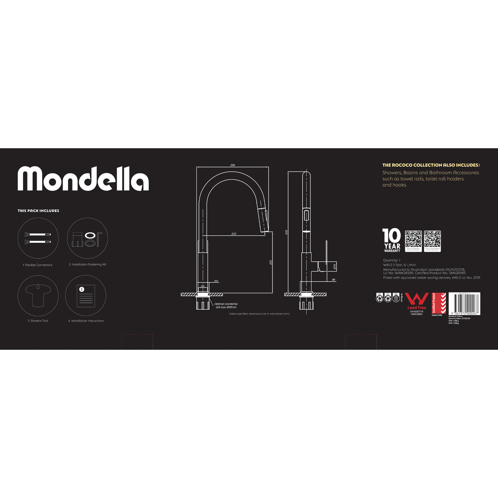 Mondella Rococo Pull Down Sink Mixer Brushed Brass WELS 5 Star 6L/min