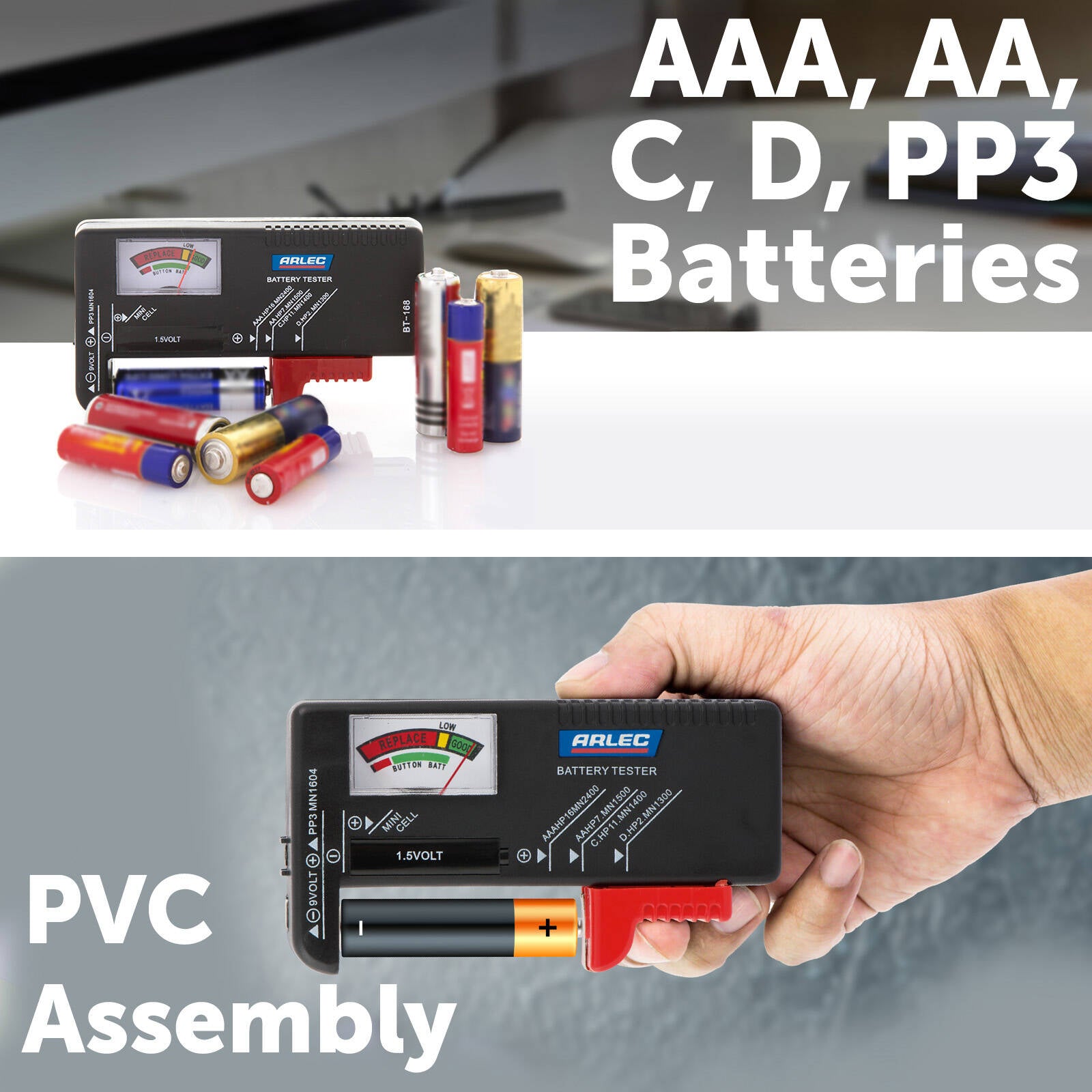 Arlec Battery Tester for AA, AAA, C, D and 9V Batteries, Colour-Coded Meter, Grey