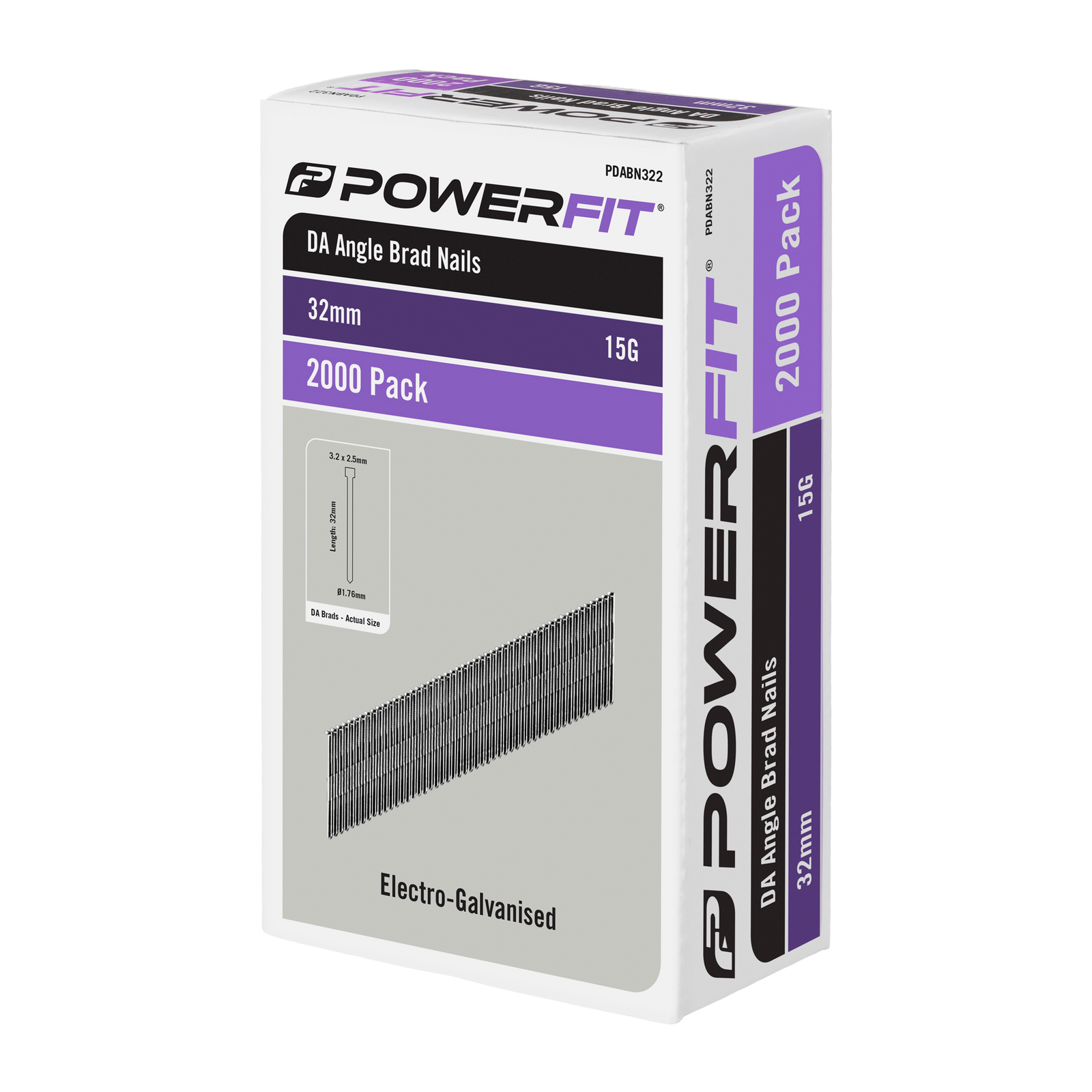 PowerFit 32mm DA Angled Brad Nails 15 Gauge Electro-Galvanised - 2000 Pack