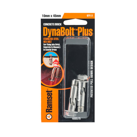 Ramset 10 x 45mm Stainless Steel 316 DynaBolt Plus Hex Bolt Masonry Sleeve Anchor - 2 Pack