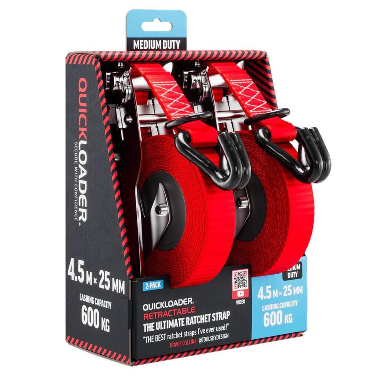 Quickloader Retractable Ratchet Tie Down Strap 4.5m x 25mm 600kg - 2 Pack