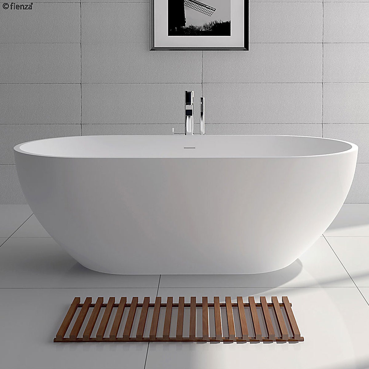 Fienza Nero 1780 Freestanding Oval Stone Bath - Matte White - With Overflow - ST12
