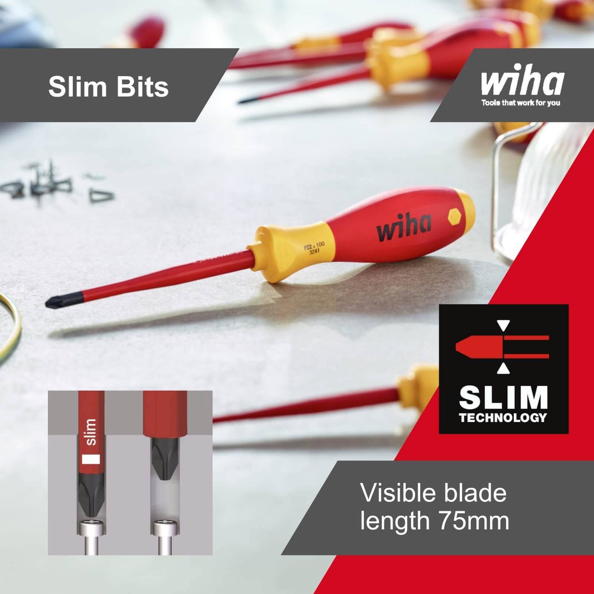 Wiha 2.5 x 75mm Insulated Flat Slotted Screwdriver VDE 1000V SoftFinish