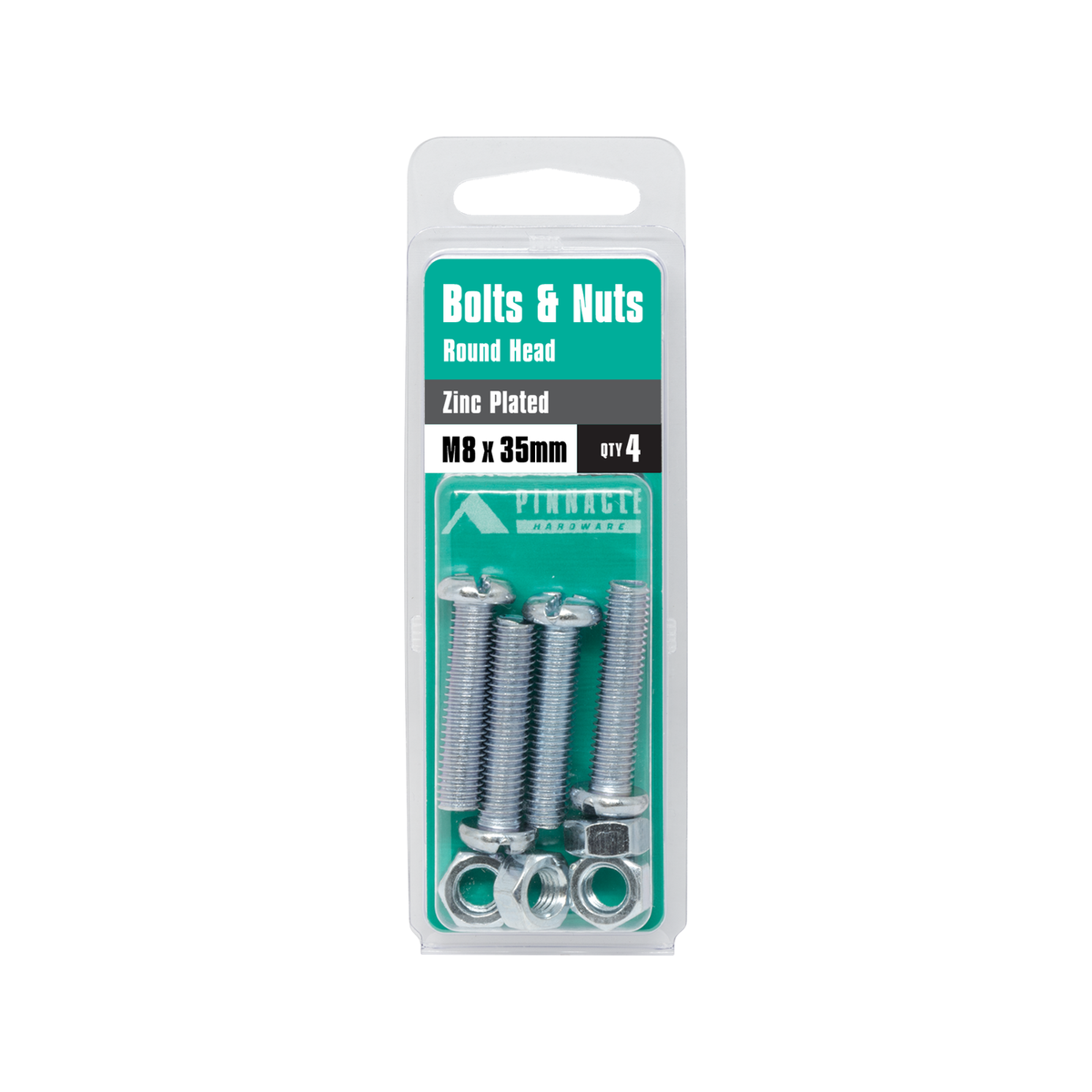 Pinnacle M8 x 35mm Zinc Plated Round Head Bolts and Nuts - 4 Pack