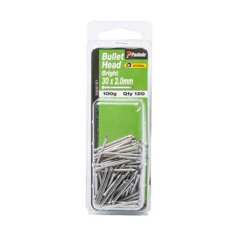 Paslode 30 x 2.0mm Bright Steel Bullet Head Nails - 120 Pack, 100g, Timber