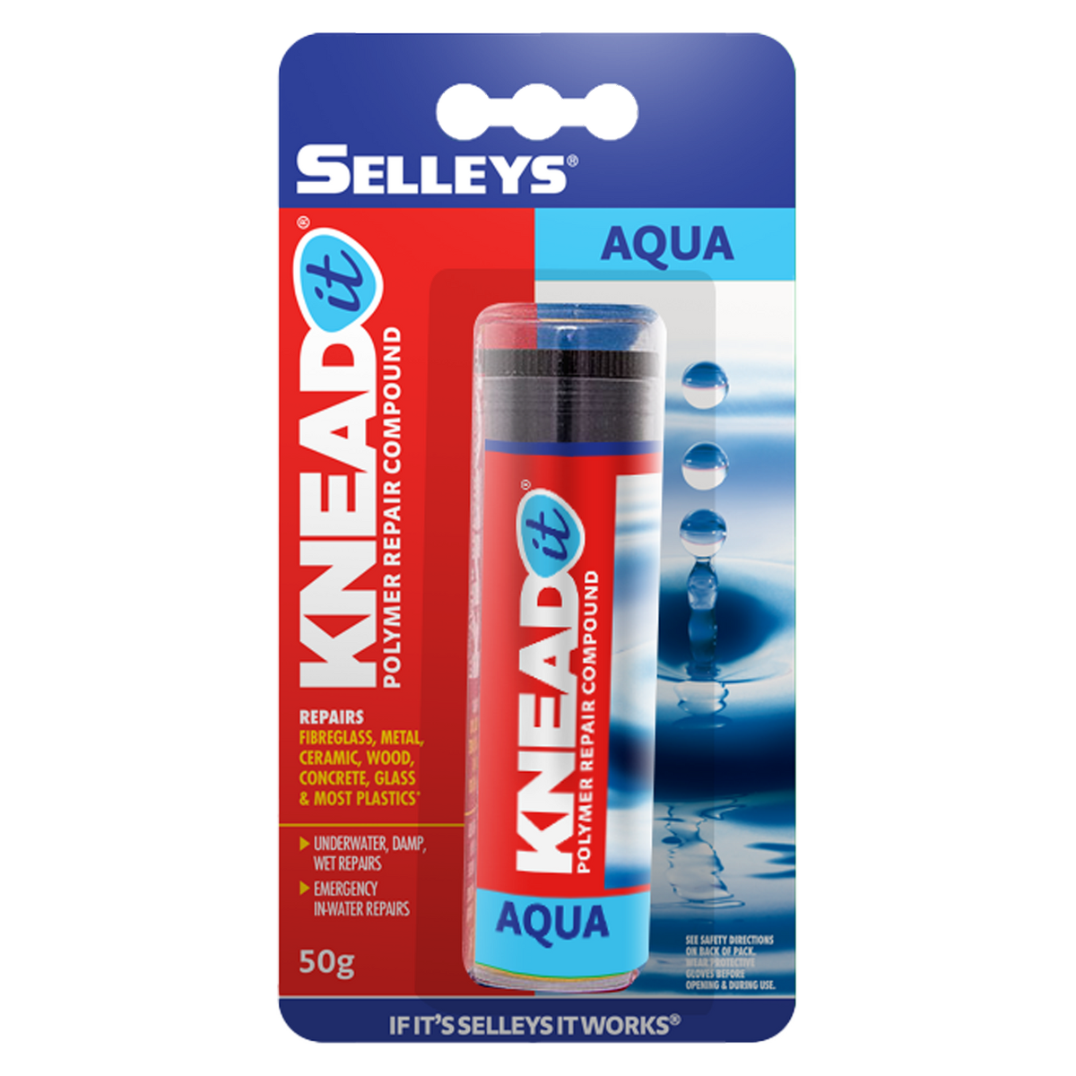 Selleys Knead It Aqua Epoxy Putty 50g - Paintable Sandable for Wet & Underwater Repairs