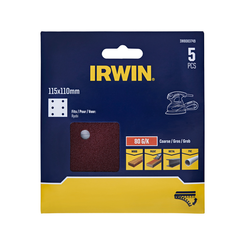 Irwin 115 x 110mm 80 Grit 6-Hole 1/4 Punched Sanding Sheets - 5 Pack