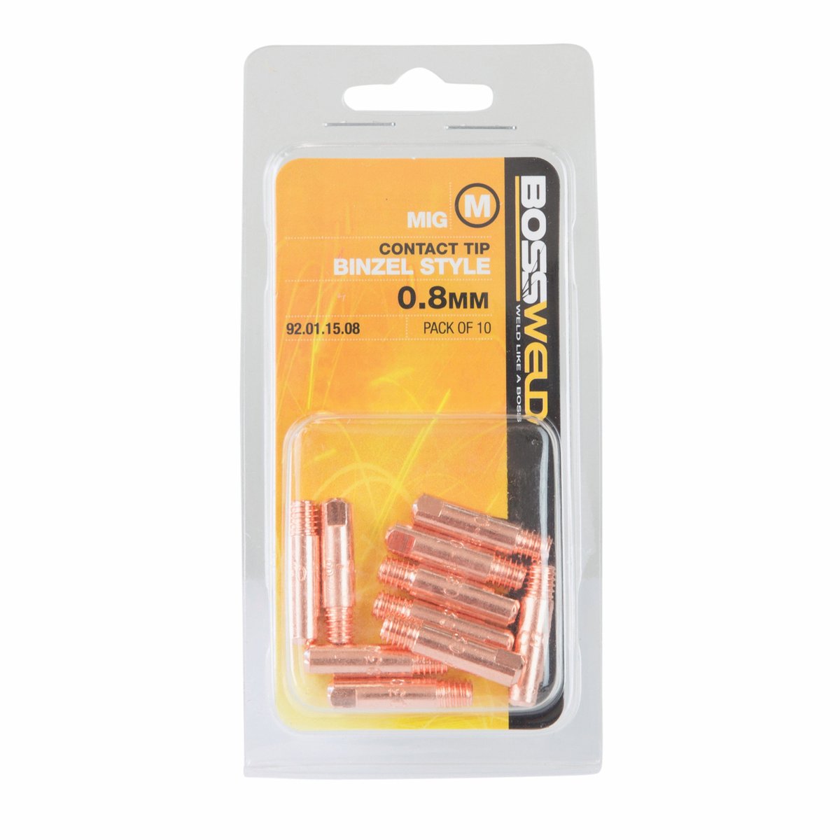 Bossweld 0.8mm M6 Contact Tip Binzel Style 25mm Long 10 Pack