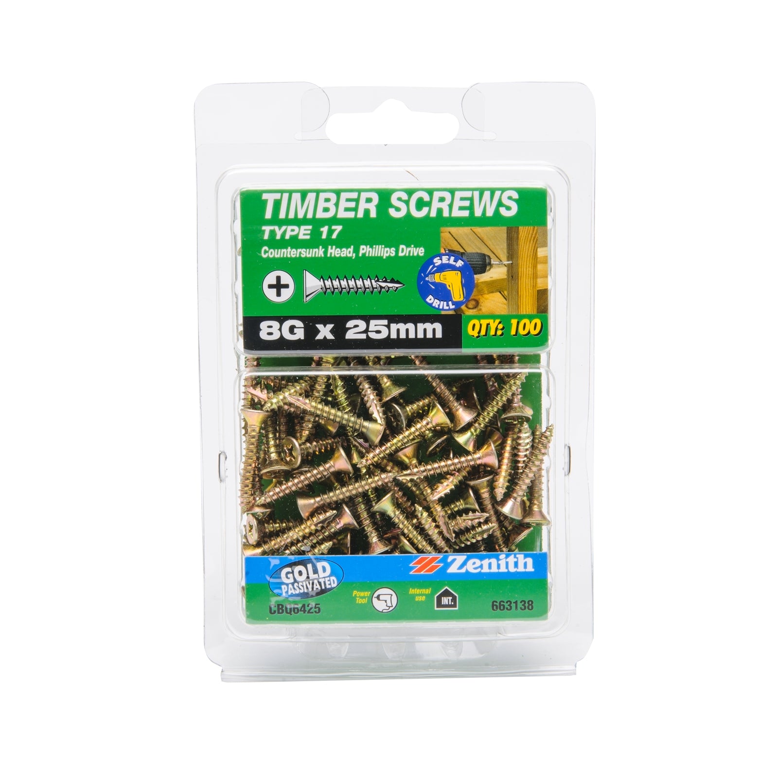 Zenith 8G x 25mm Gold Type 17 Countersunk Timber Screws - 100 Pack