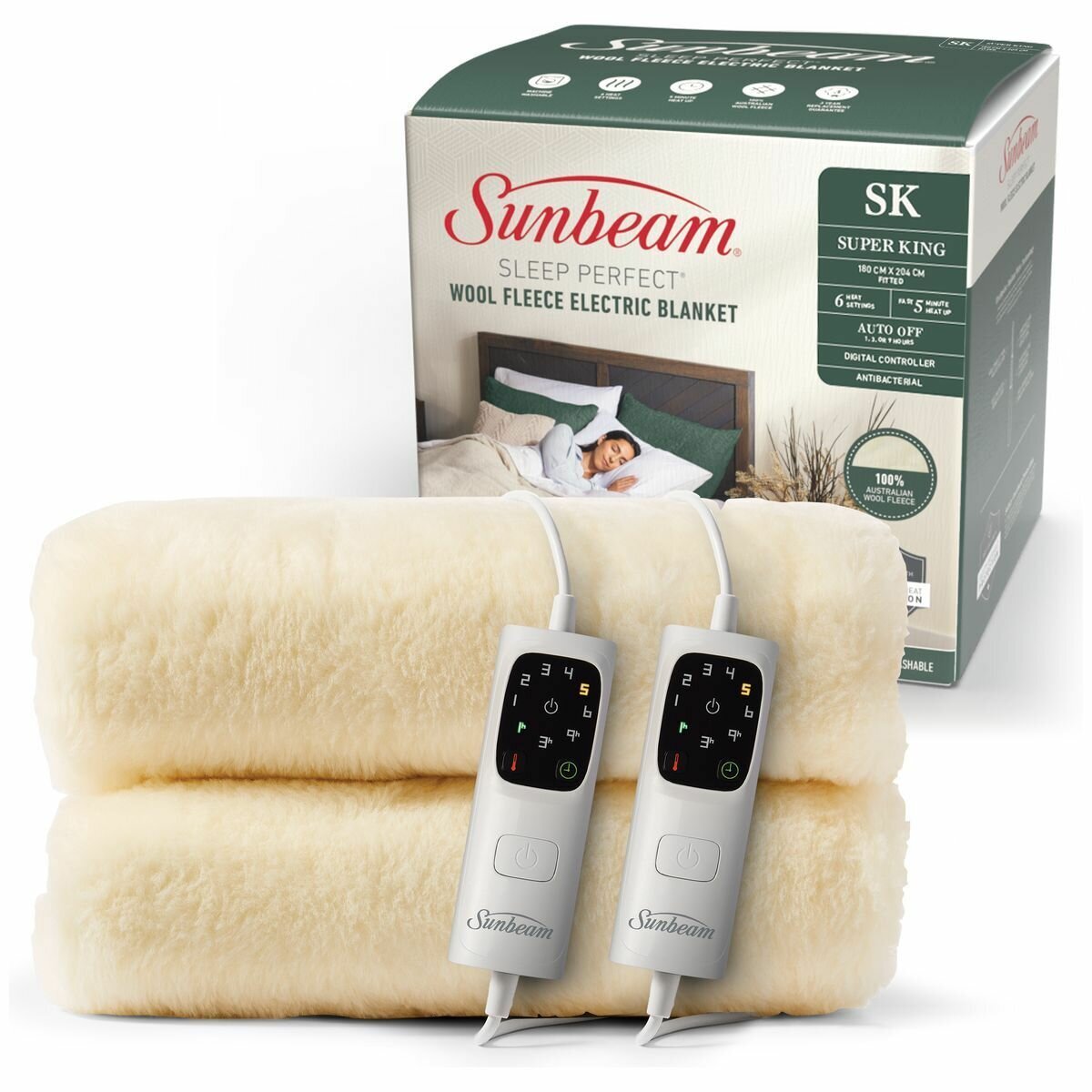 Sunbeam Sleep Perfect Wool Fleece Super King Electric Blanket - Australian Wool, 6 Heat Settings - BLW6681