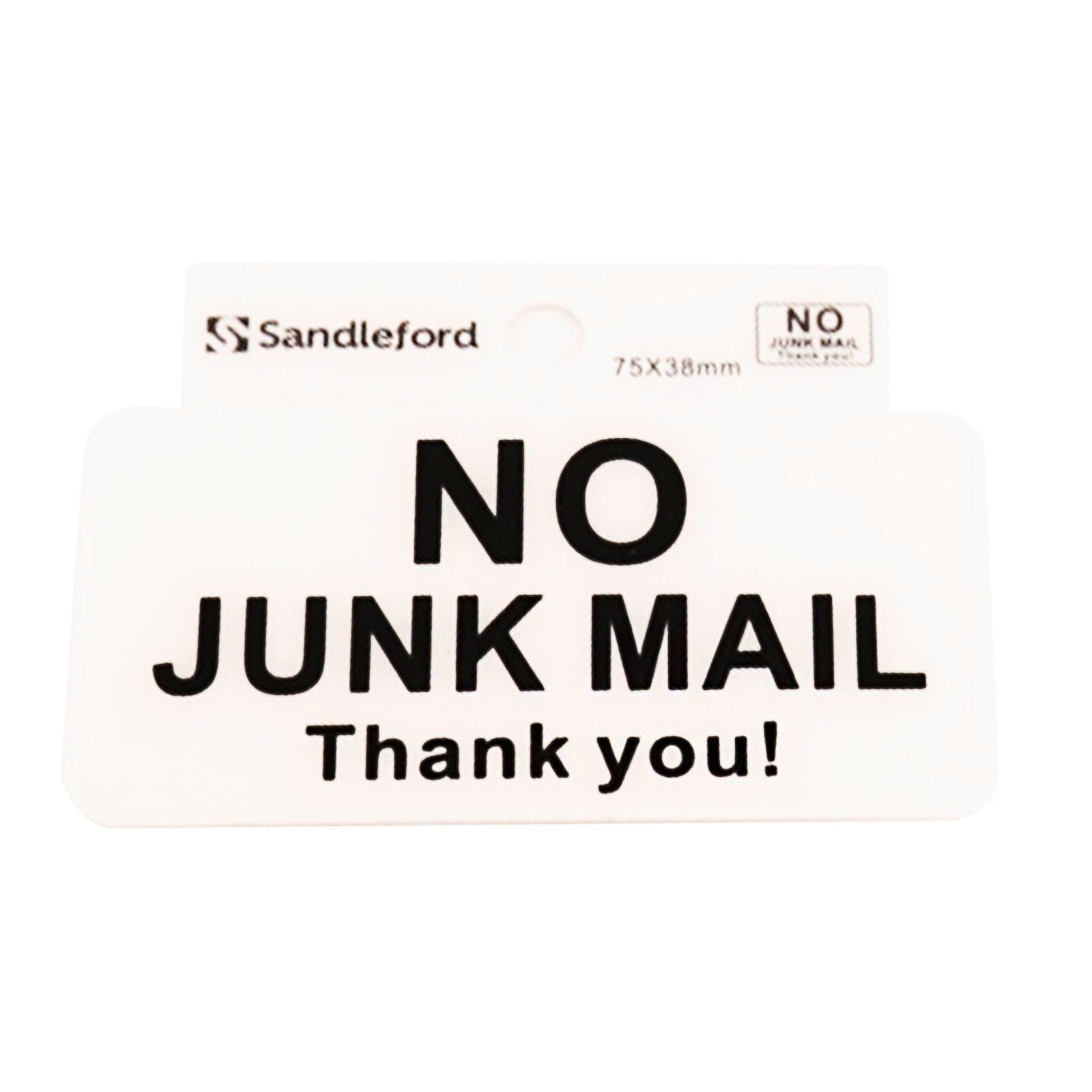Sandleford 75 x 38mm No Junk Mail Self Adhesive Sign, White/Red Weather Resistant Polycarbonate