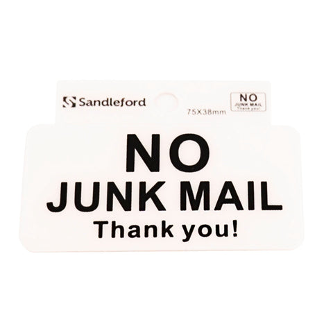 Sandleford 75 x 38mm No Junk Mail Self Adhesive Sign, White/Red Weather Resistant Polycarbonate
