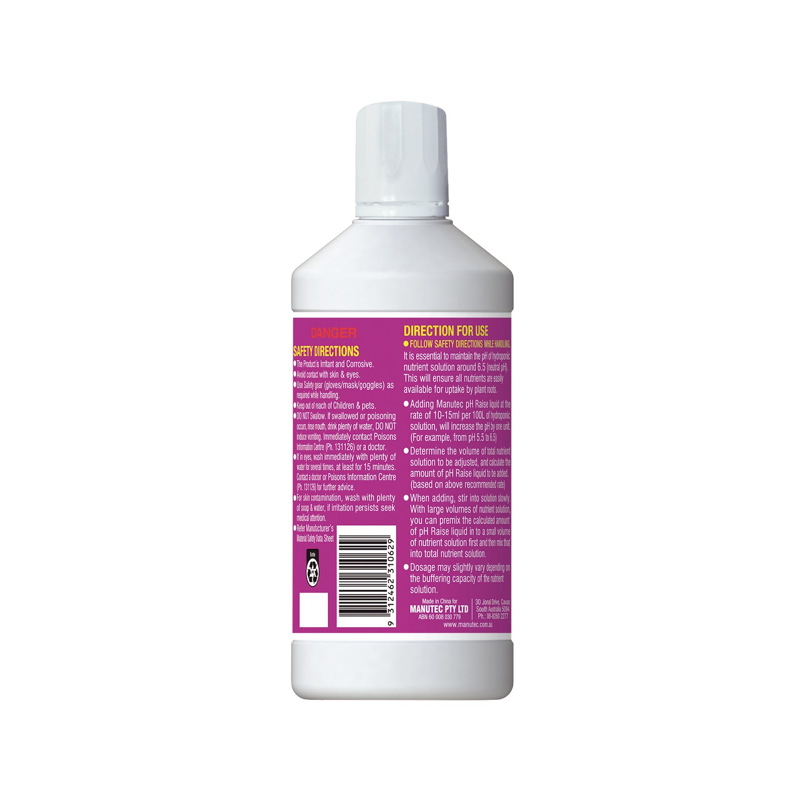 Manutec 600ml Hydroponic pH Raise Alkaline Liquid