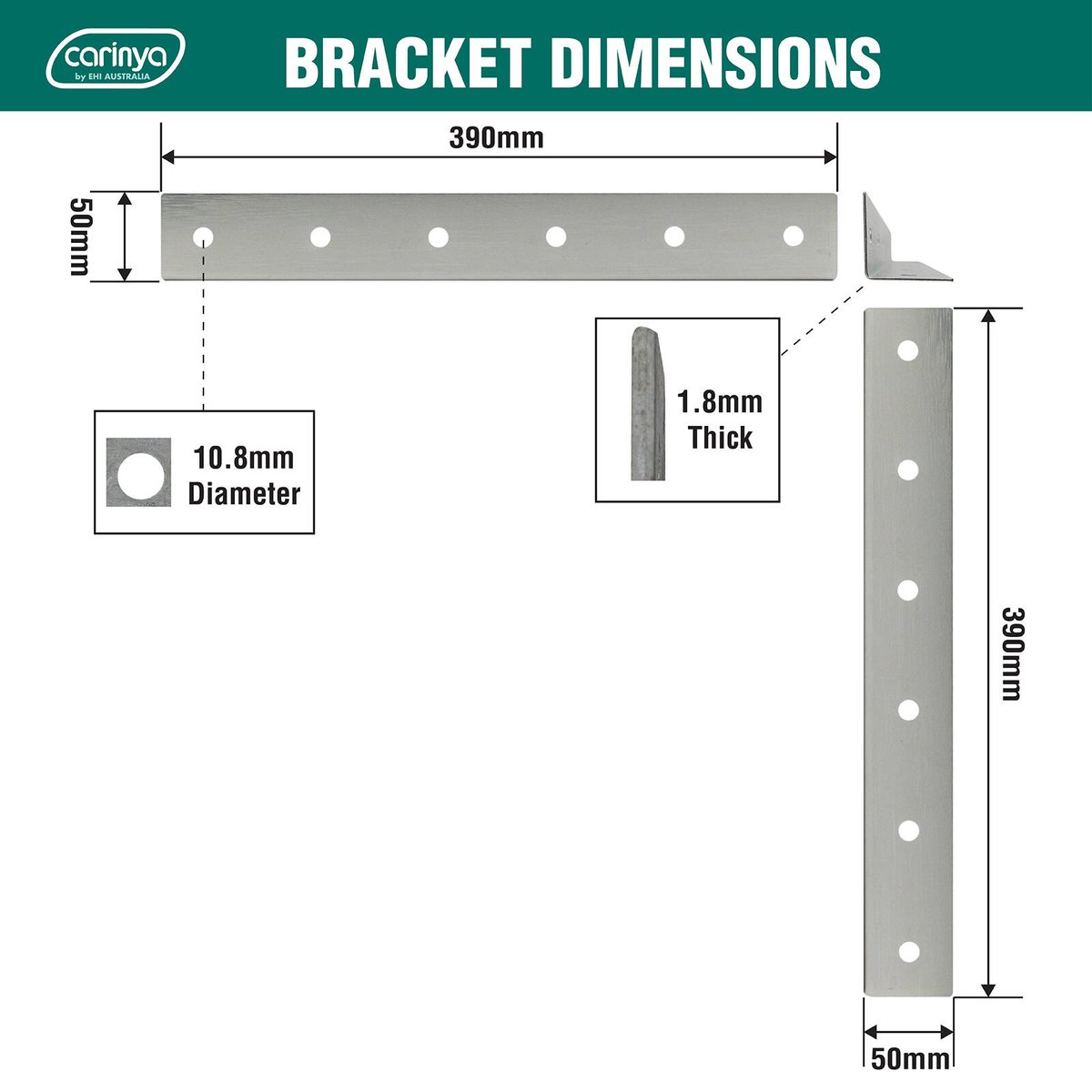 Carinya 50 x 50 x 390 x 1.8mm Galvanised Steel Reinforcing Angle Bracket