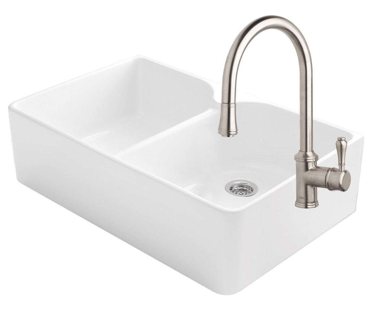 Abey Chambord Clotaire double bowl sink pack - white fireclay - brushed nickel pull out tap - CLOTAIRE-2WTBN