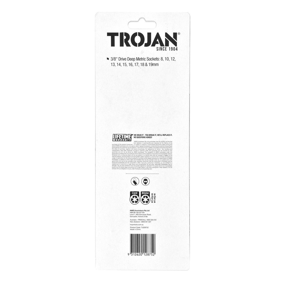 Trojan 10 Piece Deep Socket Rail Set 3/8" Drive 8-19mm Chrome Vanadium 12 Point