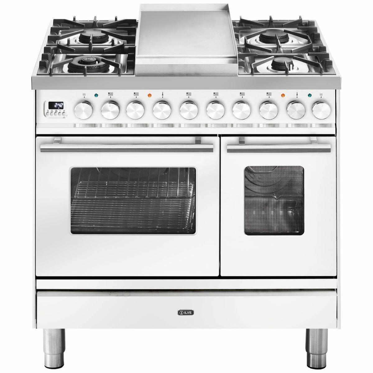 ILVE 90cm Dual Fuel Freestanding Double Oven - Teppanyaki Cooktop, 108L, White Finish - PD09FDWE3WH