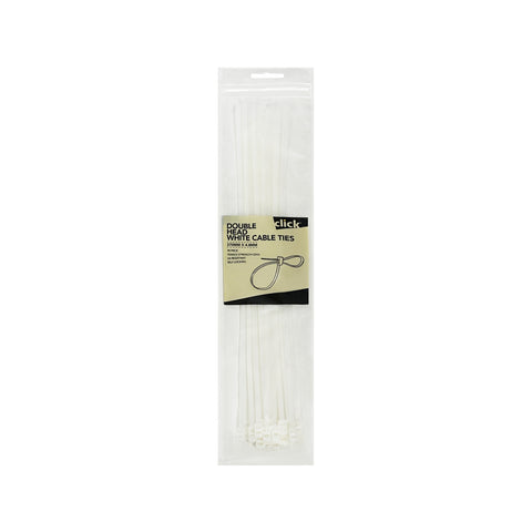 Click 370mm White Double Headed Cable Tie 25 Pack - UV Resistant Nylon Twin Loop
