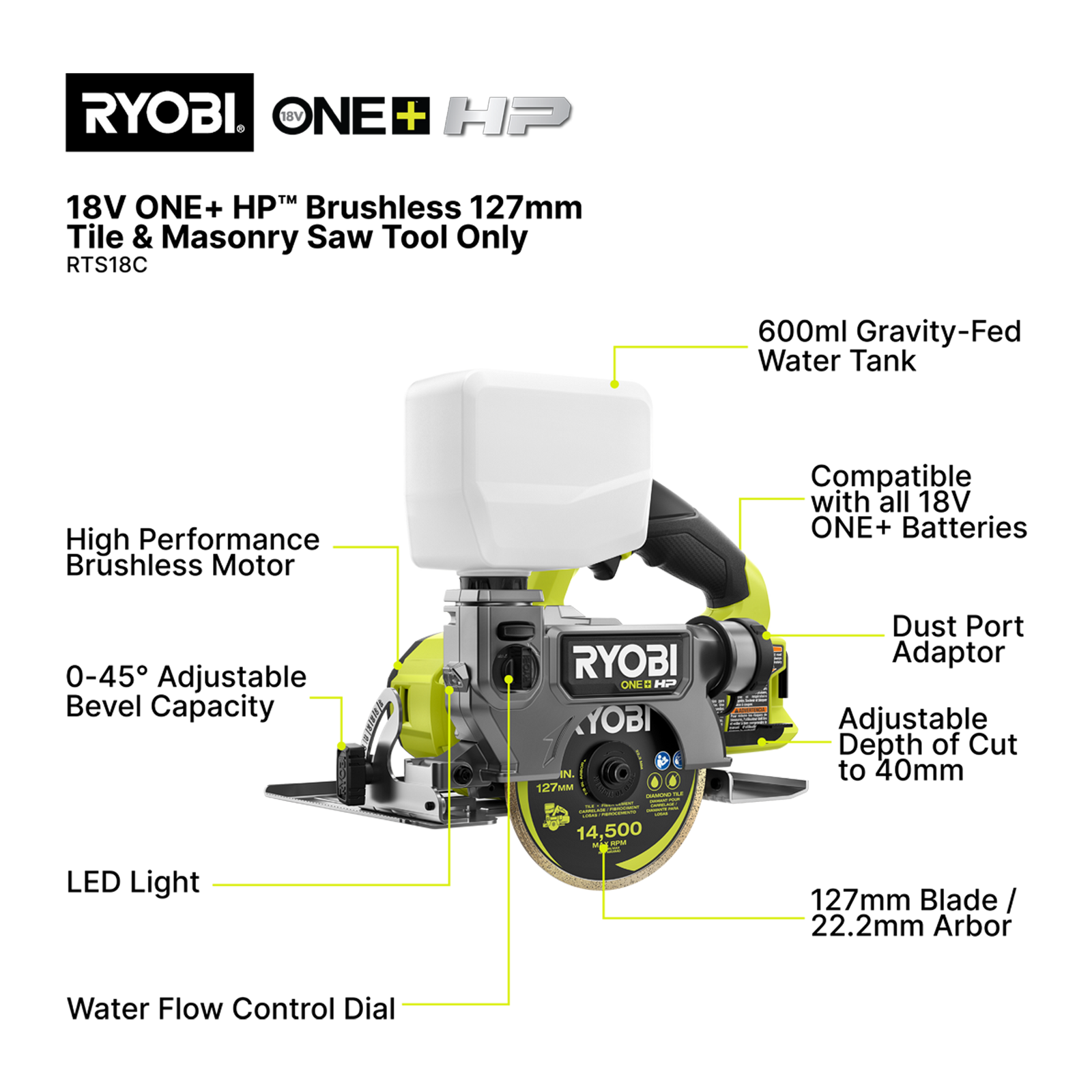 Ryobi 18V ONE+ HP Brushless 127mm Tile And Masonry Saw - Tool Only (RTS18C)