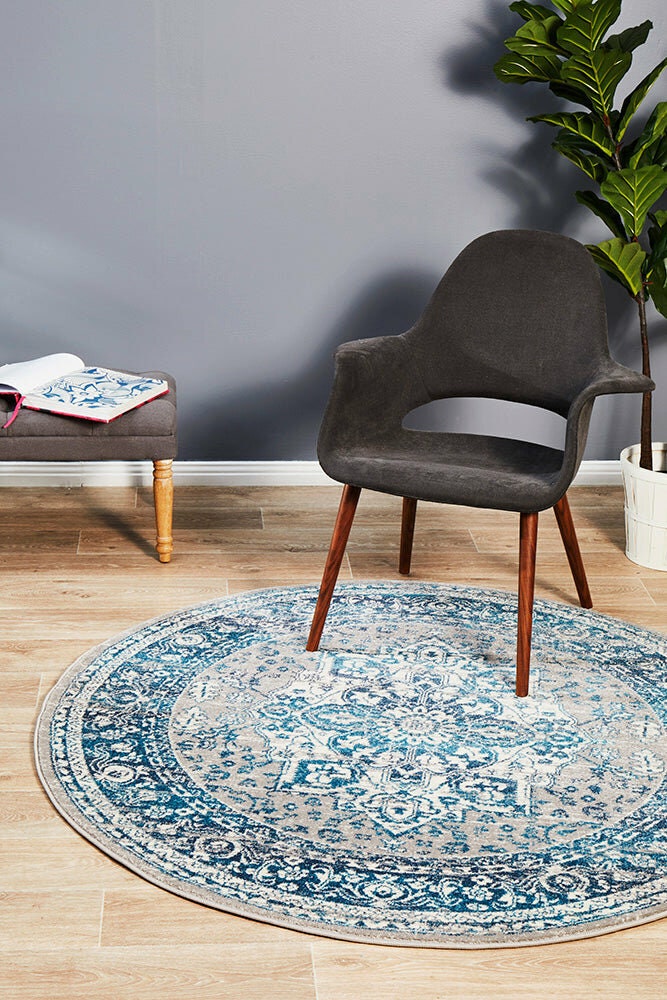 Rug Culture Babylon Medium Round Rug 200x200cm - Blue Polypropylene, Power Loomed - BLN-207-BLUE-200X200