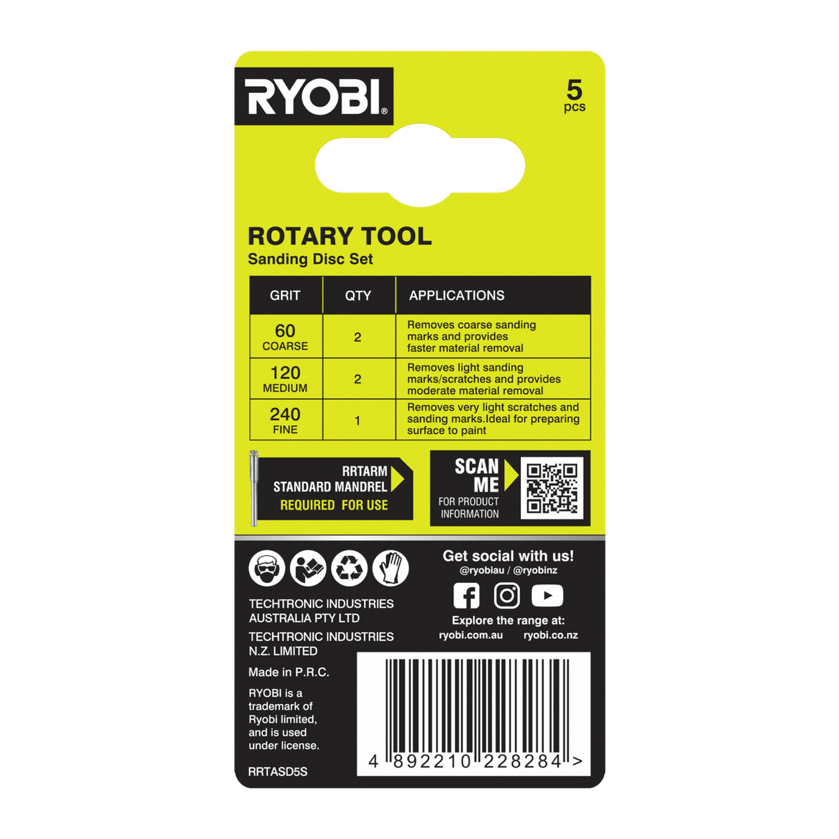 Ryobi 32mm Sanding Disc Set - 5 Piece (60, 120 and 240 Grit)