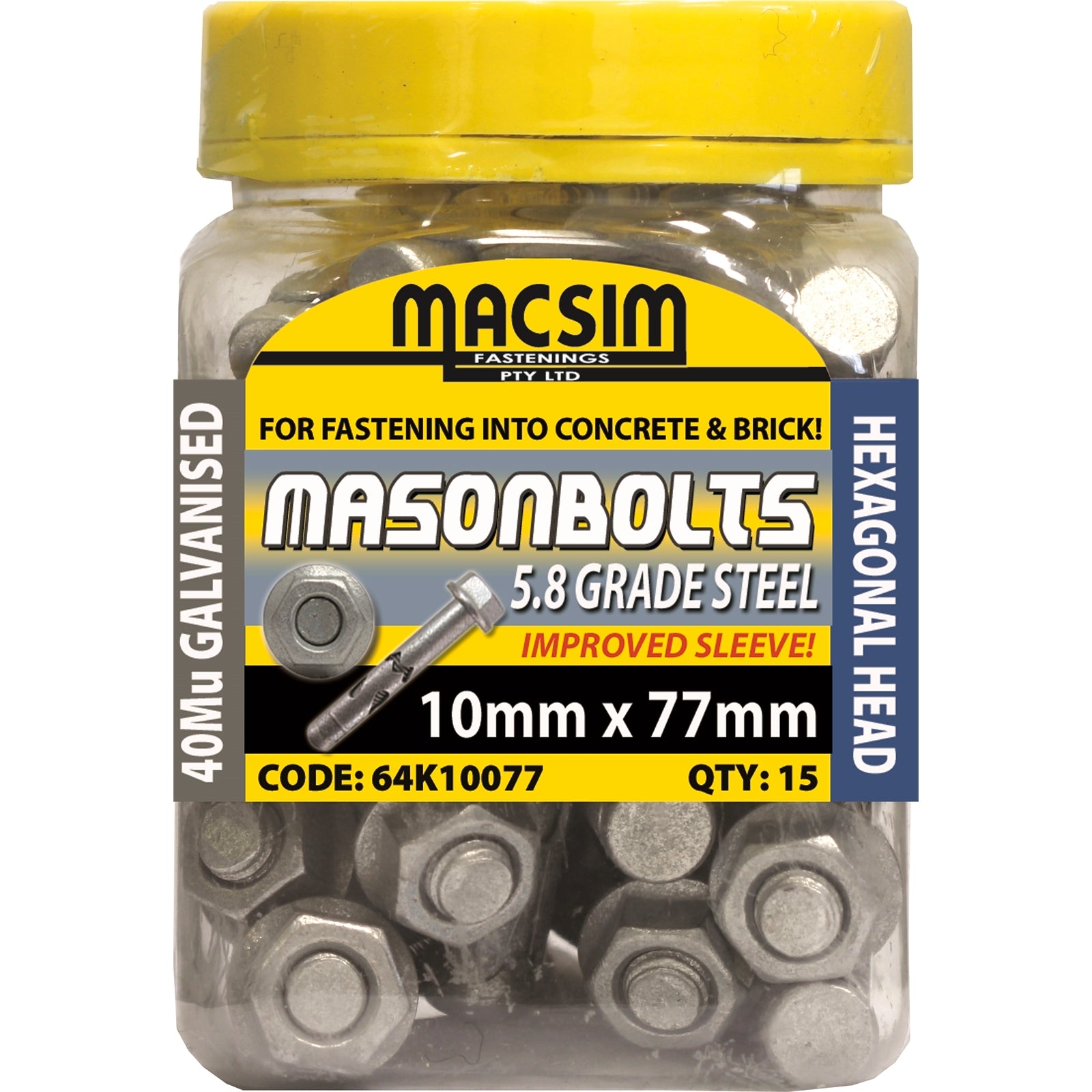 Macsim 10 x 77mm Galvanised Masonry Sleeve Anchor, Hex Nut - 15 Pack