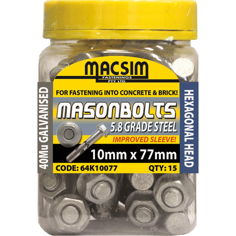 Macsim 10 x 77mm Galvanised Masonry Sleeve Anchor, Hex Nut - 15 Pack