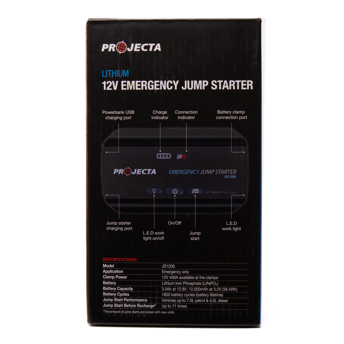Projecta 12V 1200A Lithium Jumpstarter JS1200 in Black with LED Light and USB Power Bank