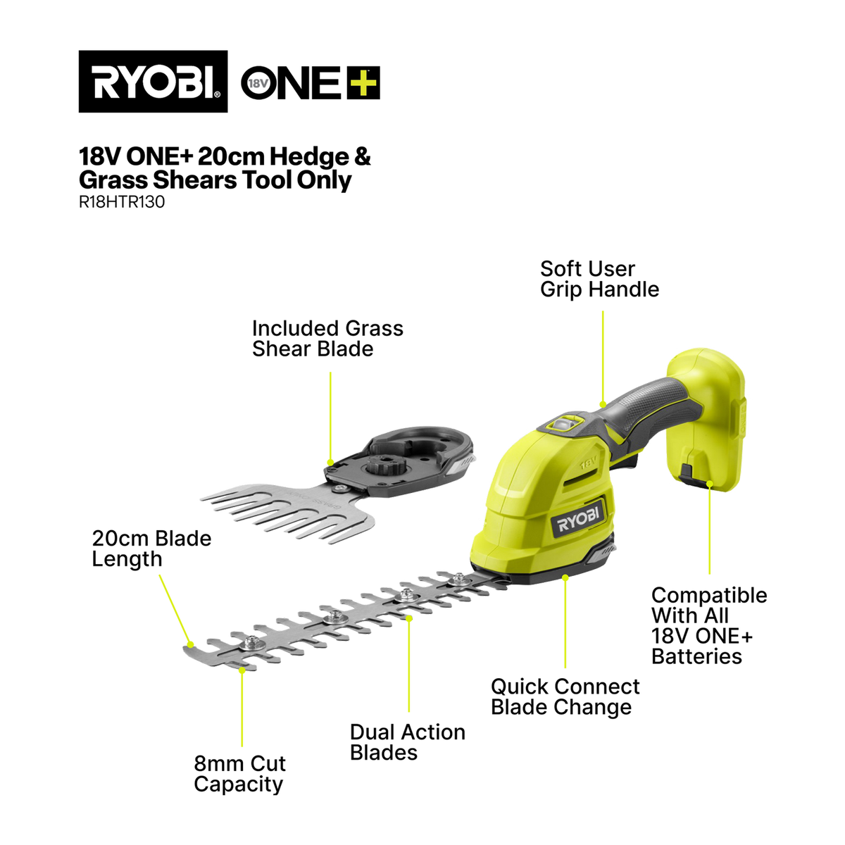 Ryobi 18V ONE+ Cordless 200mm Hedge & Grass Shears R18HTR130, Tool Only