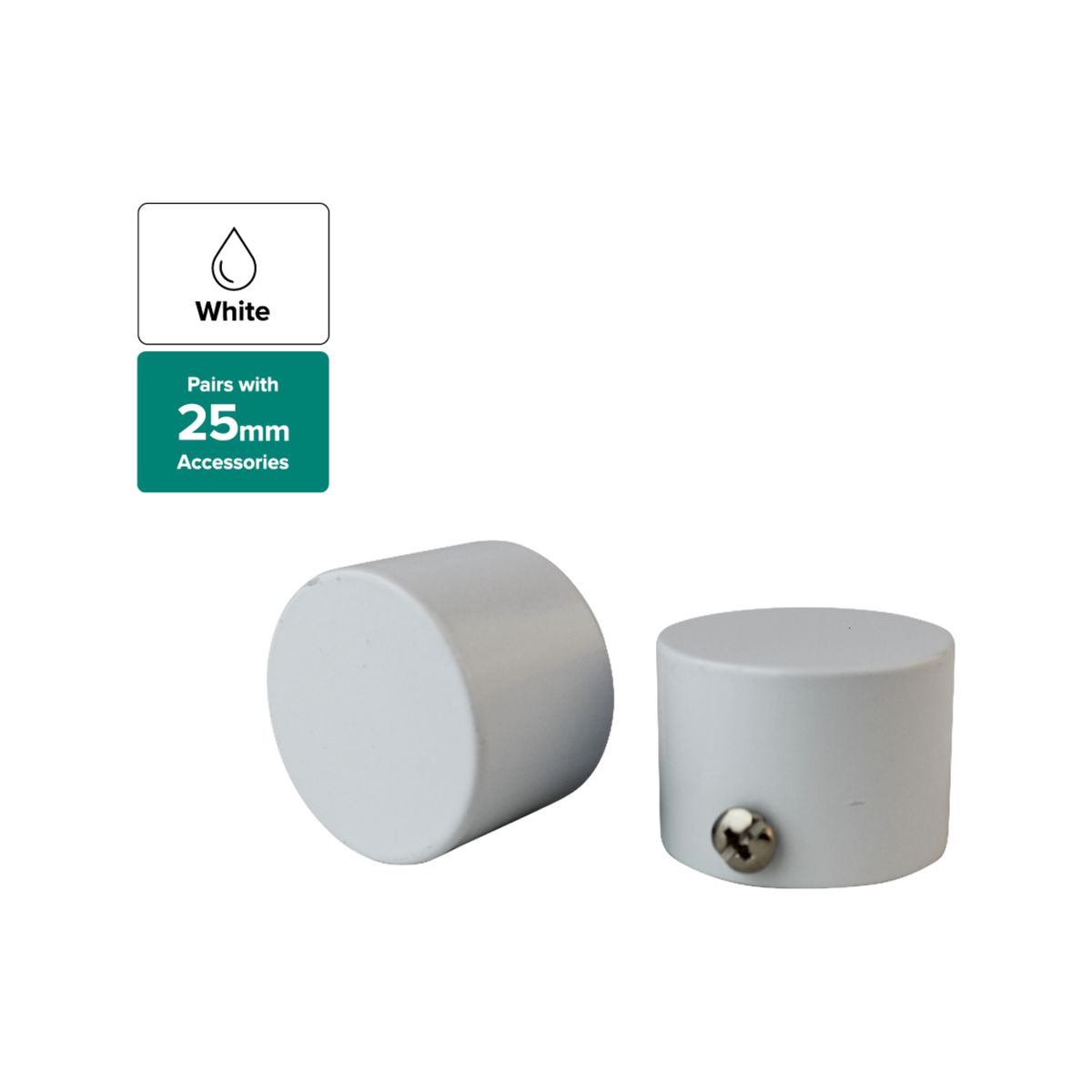 Pillar Products 25mm White Aluminium Cap Curtain Rod Finial 2 Pack