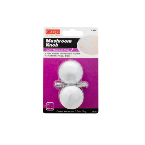 Prestige 35mm Satin Chrome Plated Hollow Mushroom Cupboard Knob, 2 Pack