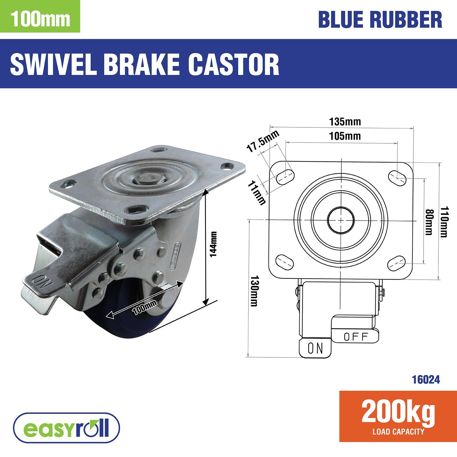 Easyroll 100mm Blue Elastic Rubber Swivel Brake Castor