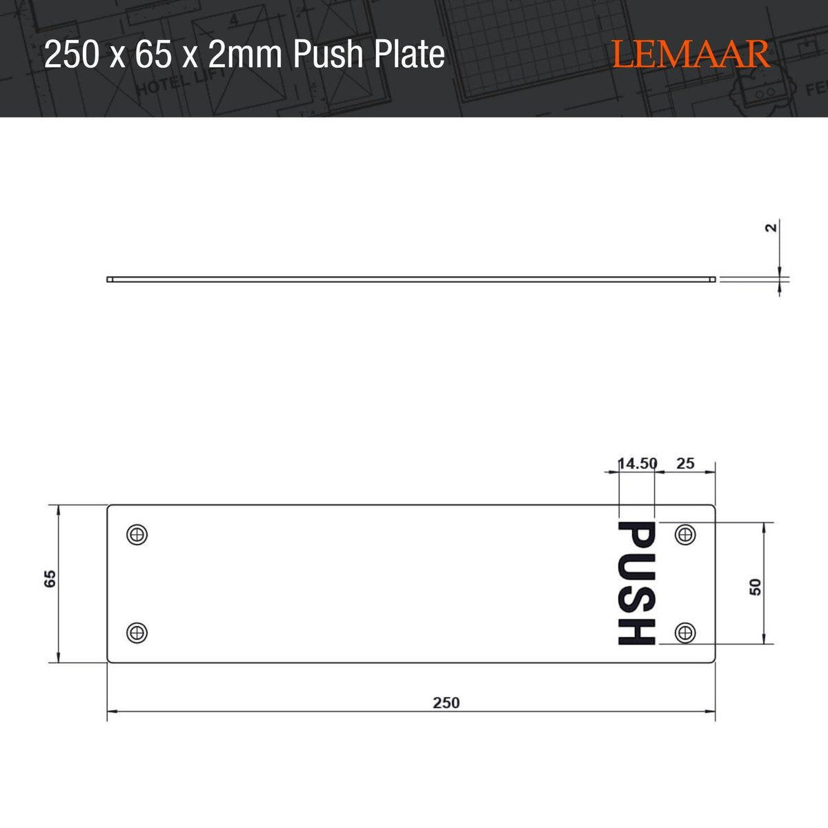 Lemaar 250 x 65 x 2mm Engraved Push Plate, 304 Satin Stainless Steel, DDA
