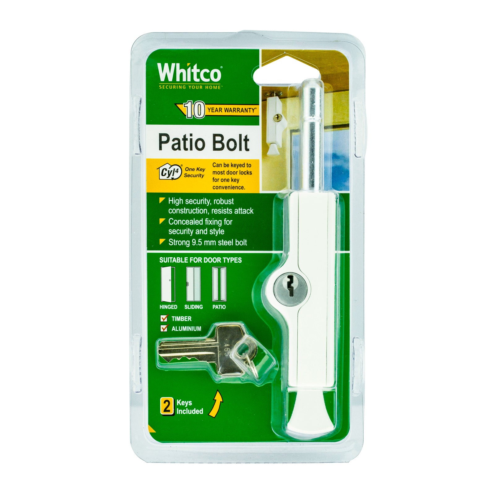 Whitco CYL4 Patio Bolt - White Zinc Diecast, Keyed, Hardware Included
