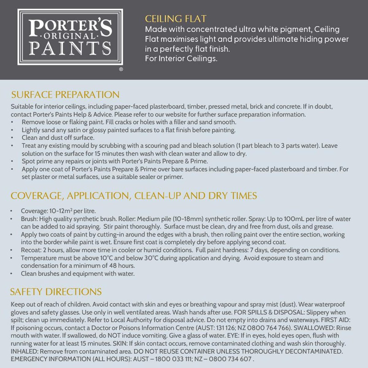 Porter S Flat Ceiling Paint - 4L - 199mm x 191mm x 178mm - White - Excellent Coverage - SuperSaverAU - view 3