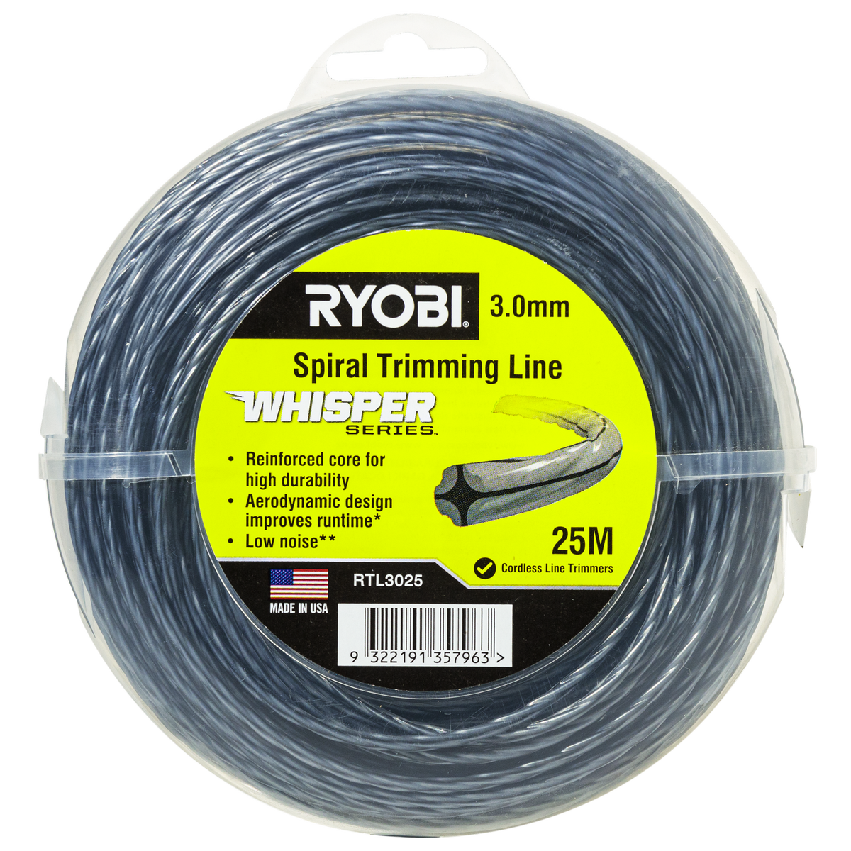 Ryobi Whisper Series Trimming Line 3mm x 25m - Durable Nylon - Green - SuperSaverAU - view 1