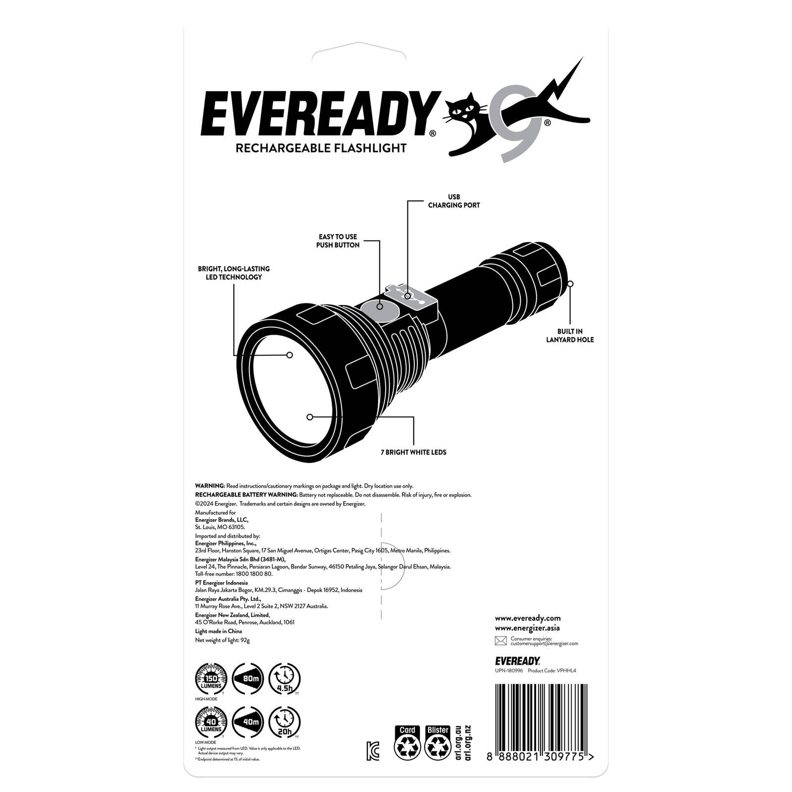 Eveready Rechargeable Torch 150 Lumen VPHHL4