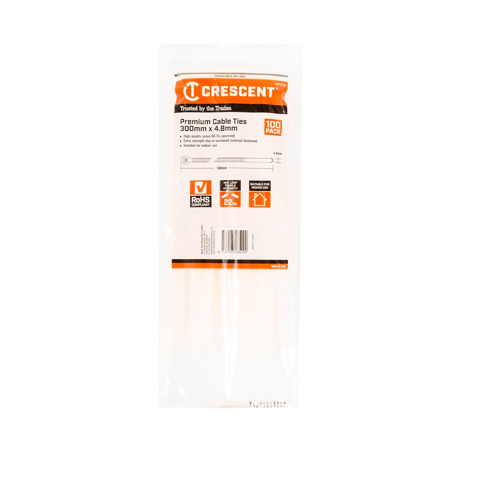Crescent 300mm x 4.8mm Natural Nylon Cable Ties - 100 Pack