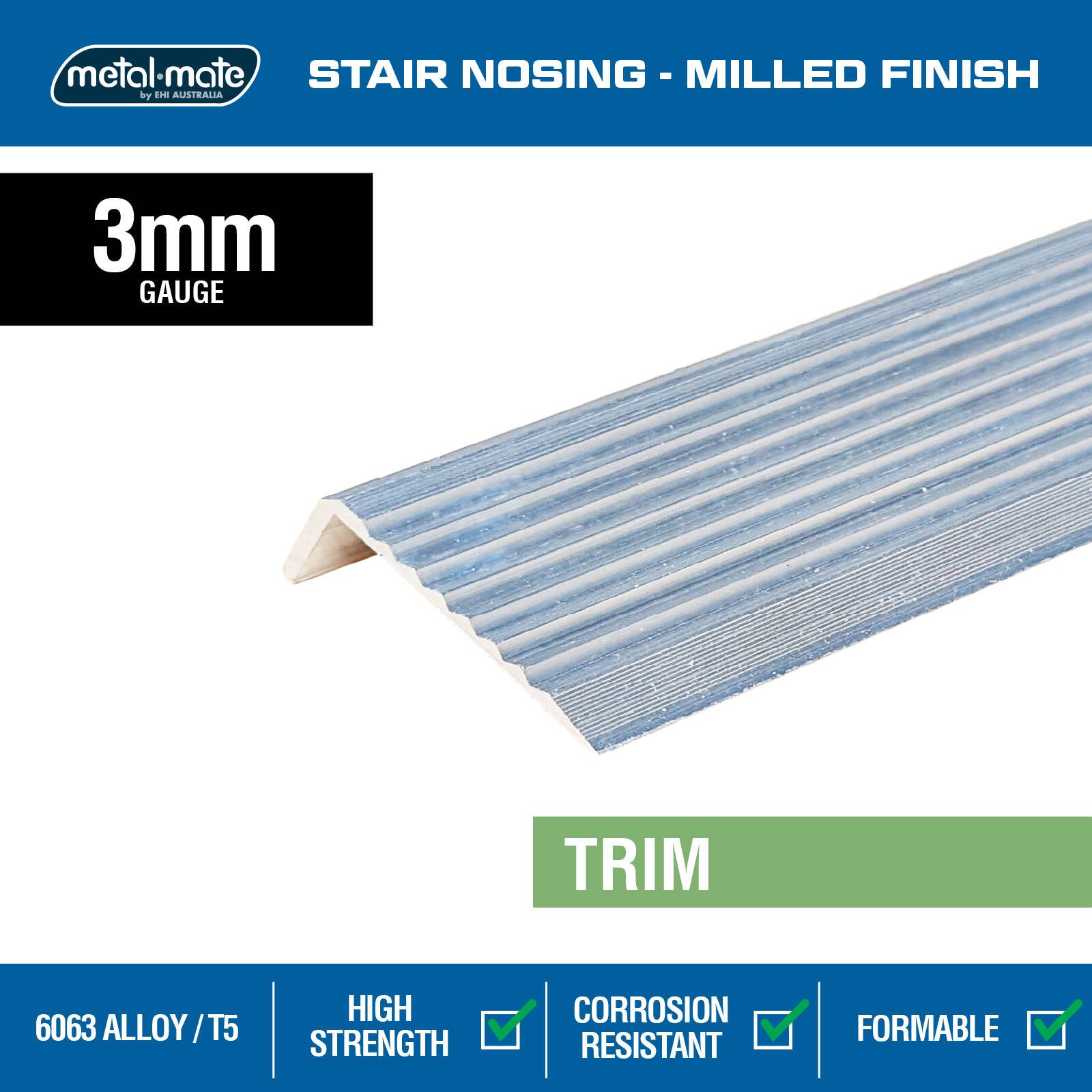 Metal Mate 43.2 x 23mm 1m Mill Finish Aluminium Stair Nosing