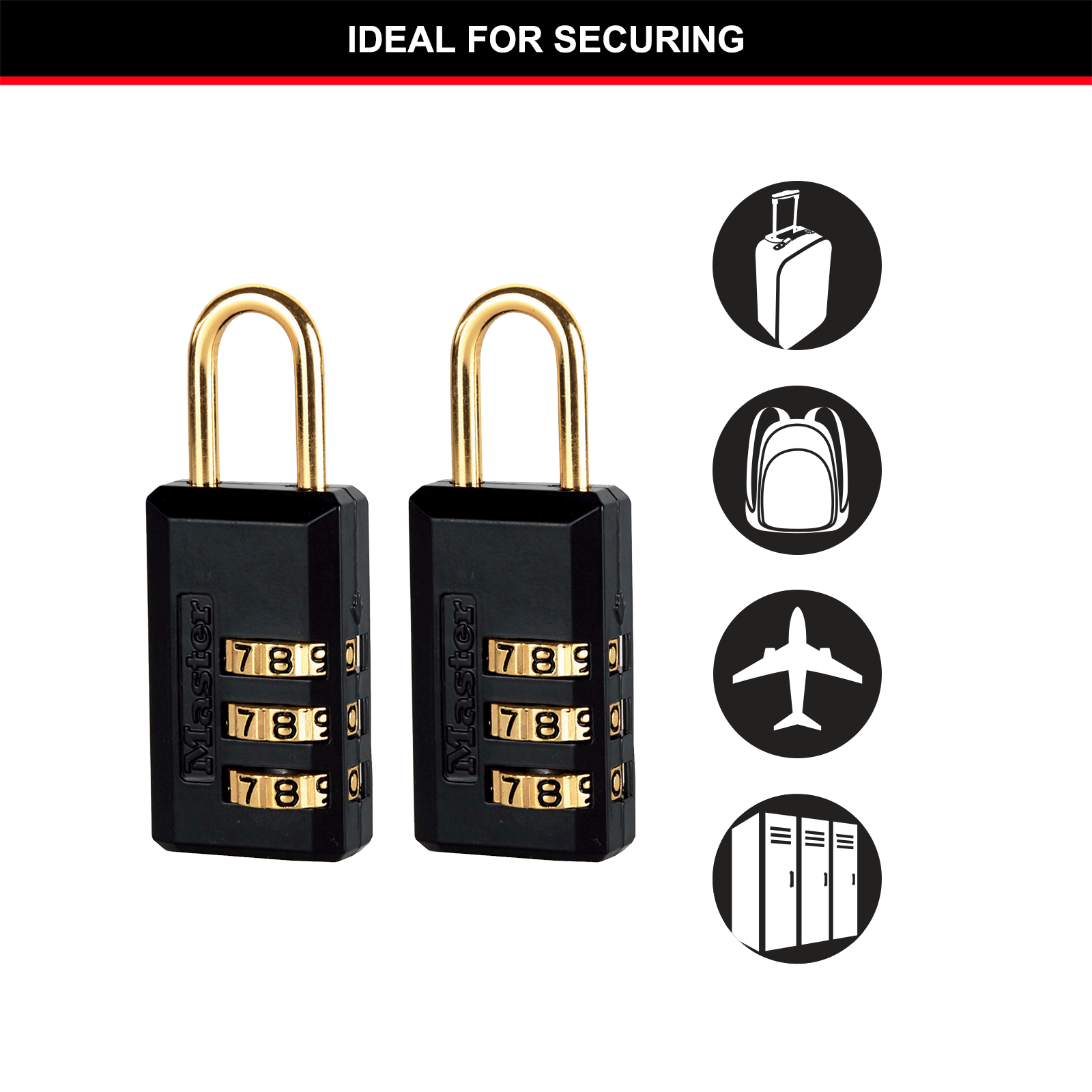 Master Lock 20mm Black Luggage Combination Padlock, 2 Pack, Resettable