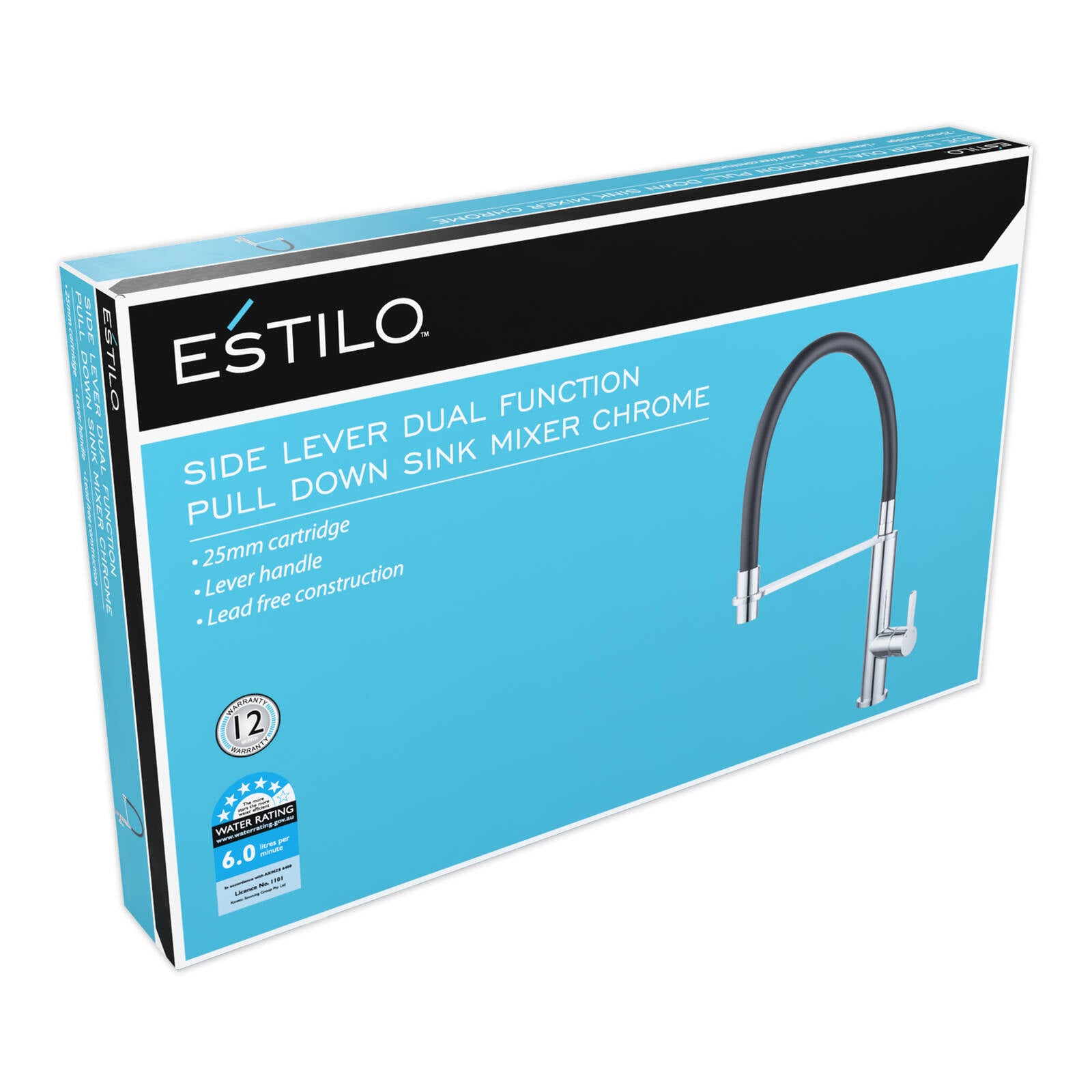 Estilo Pull Down Sink Mixer Tap Chrome 25mm Rubber Coil Dual Function 5 Star WELS 6L/min
