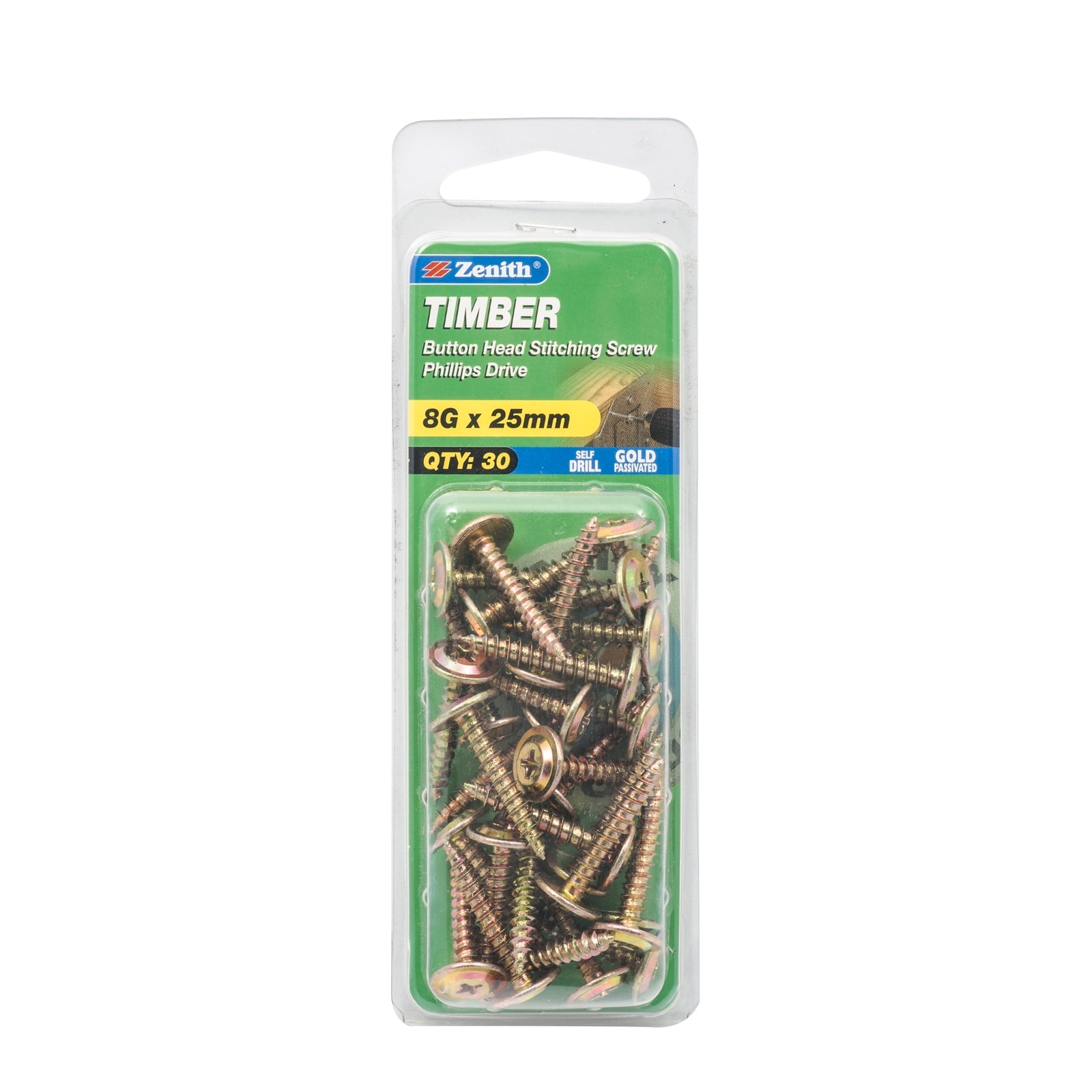 Zenith 8G x 25mm Gold Passivated Button Head Timber Stitching Screws - 30 Pack