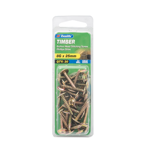 Zenith 8G x 25mm Gold Passivated Button Head Timber Stitching Screws - 30 Pack