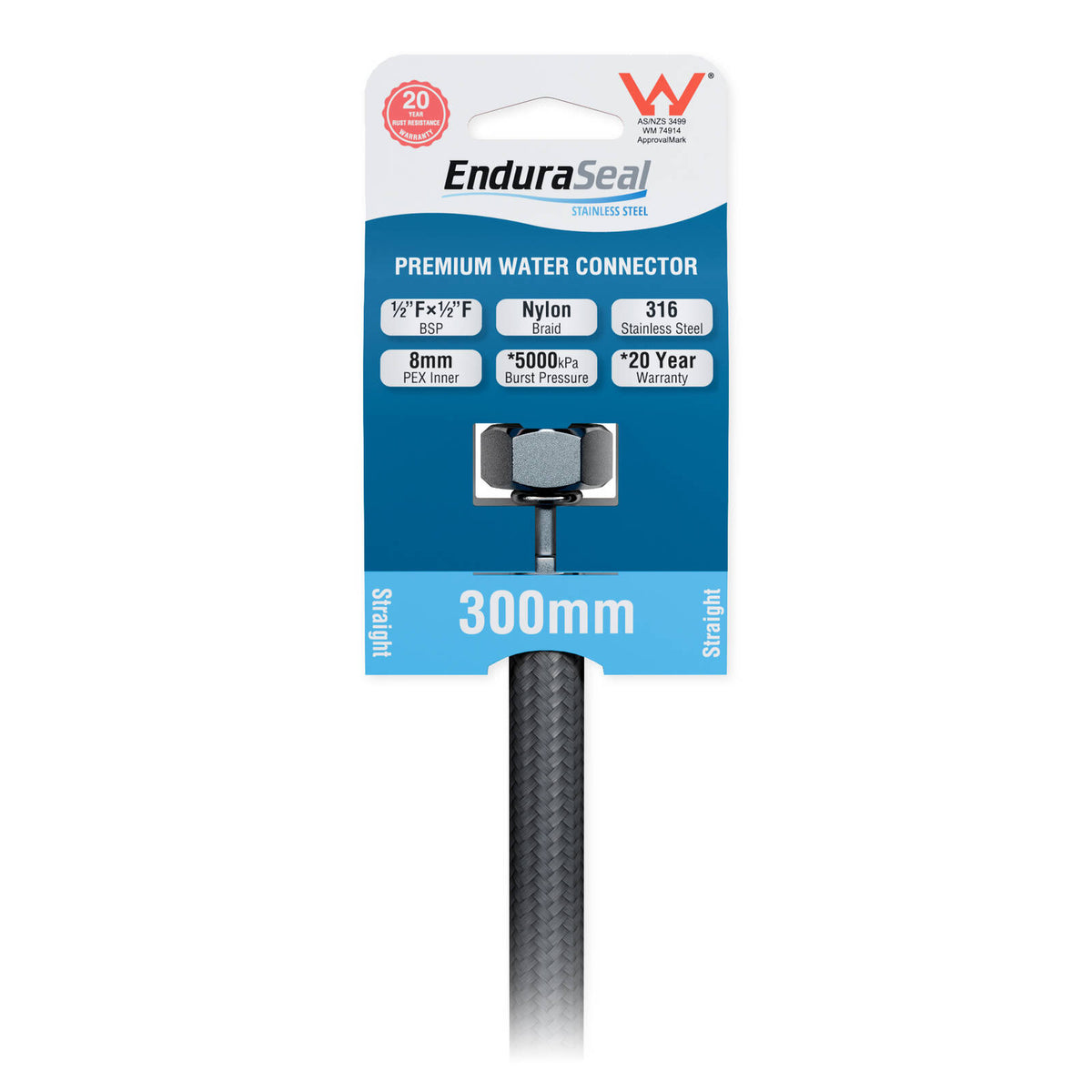 EnduraSeal 300mm Silver Flexible Braided Water Connector 500kPa