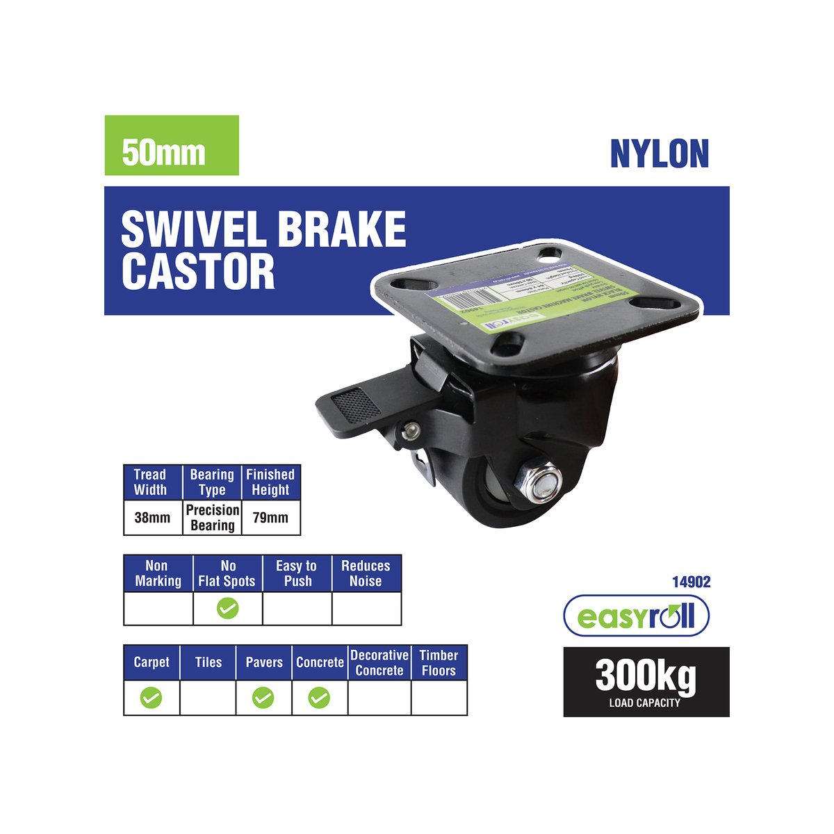 Easyroll 50mm Black Nylon Swivel Castor with Brake, 300kg Load