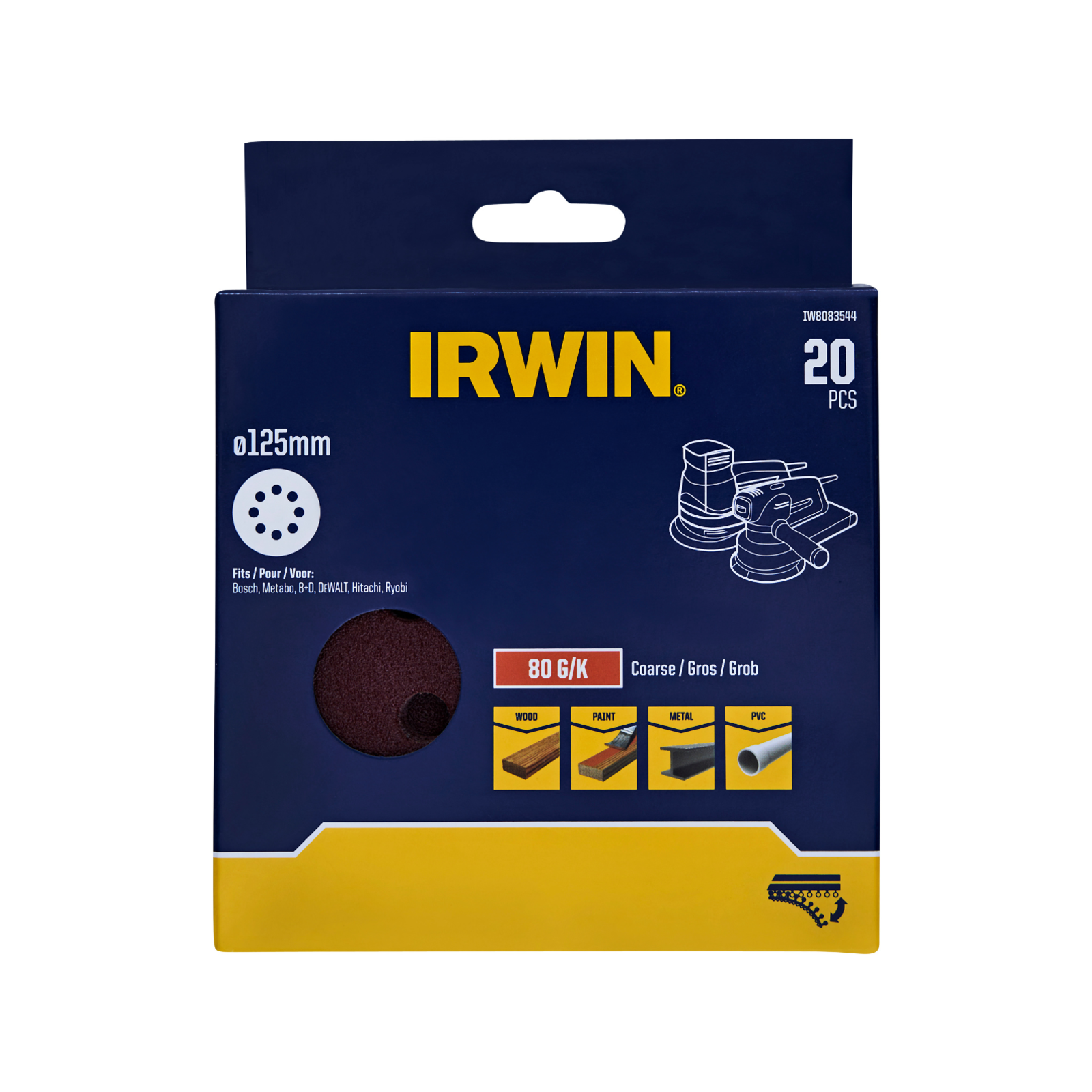 Irwin 125mm 80 Grit Quick Fit Random Orbital Sanding Discs 8 Hole - 20 Pack
