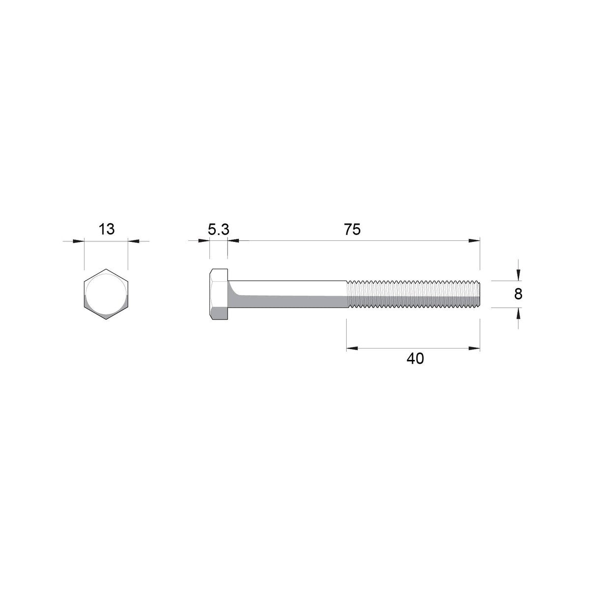 ZENITH M8 x 75mm Zinc Plated 4.6 Grade Steel Hex Head Bolt And Nut