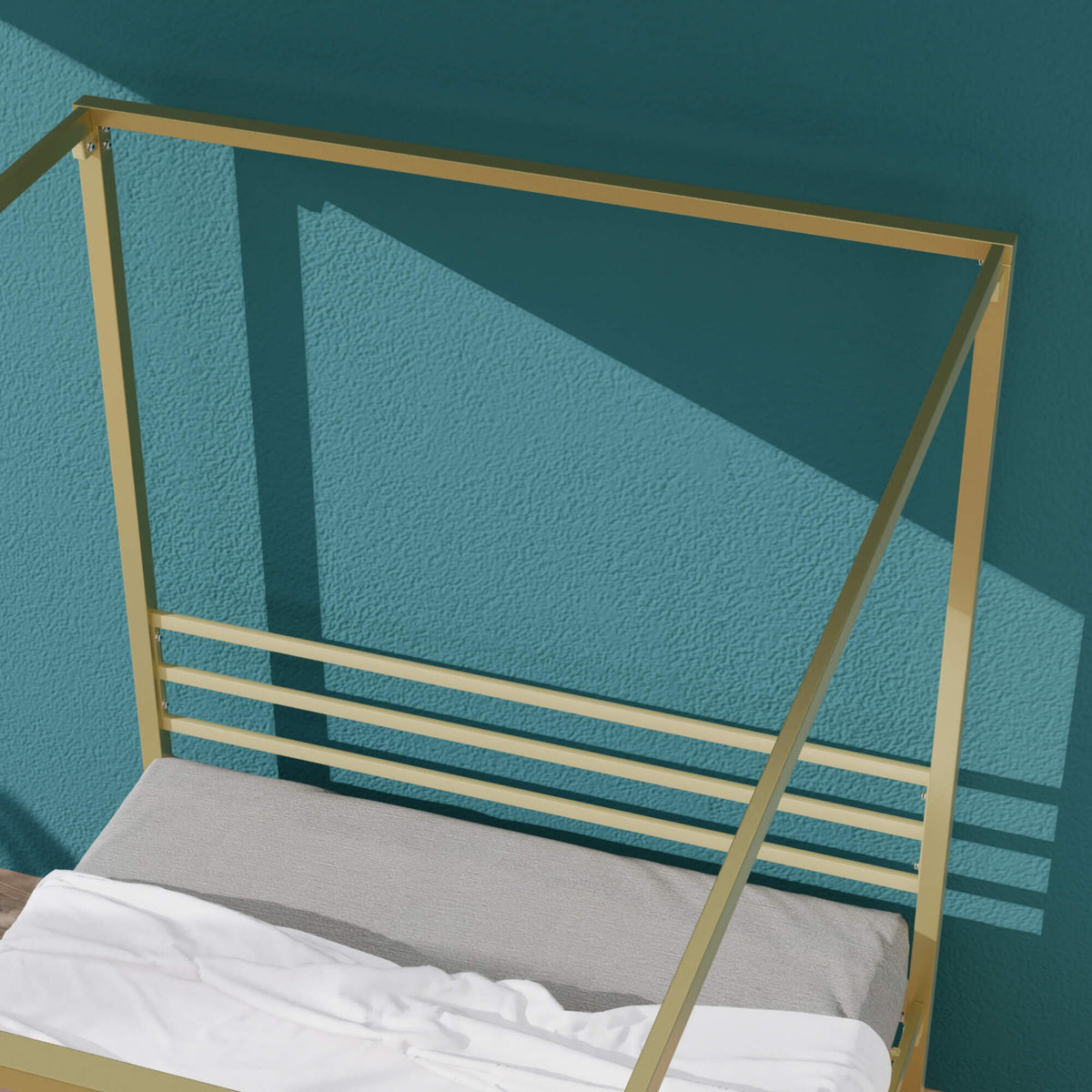 Zinus Double Metal Canopy Bed Frame - Gold Steel Frame, Slatted Support, 250kg Capacity - AU-CPBFG-D
