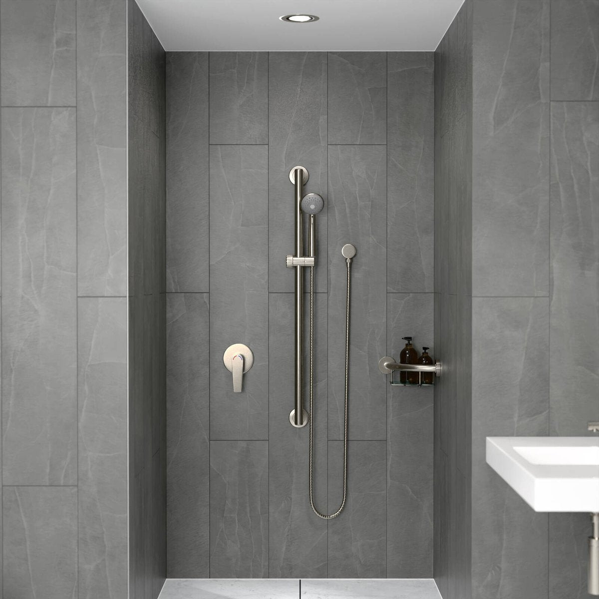 Evekare 900mm Brushed Nickel Grab Rail & 3 Function Shower, 2m Hose, 8.5L/min, 250kg, 3 Star WELS